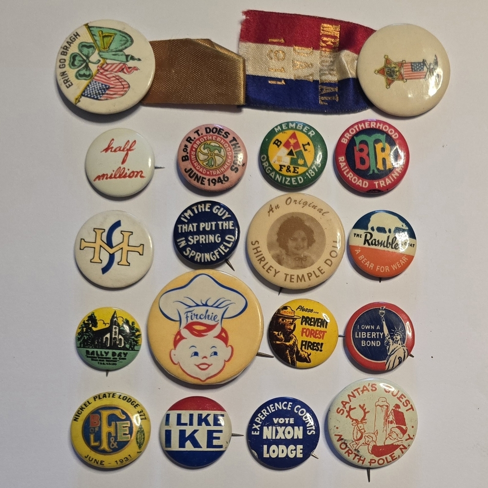 Lot of Antique & Vintage Pinbacks Buttons Ribbons Political Advertising Smokey